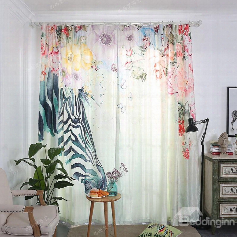 Blackout And Decoration Polyester Cotton 3d Zebra And Flowers Printed 2 Panels Curtain