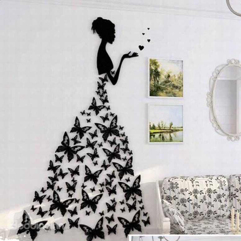Black/red Girls And Butterflies Arcylic 3d Waterproof Wall Stickers