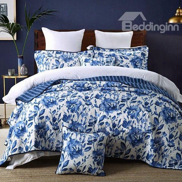 Blue Peony Print Patchwork Cotton King Size 3-piece Bed In A Bag