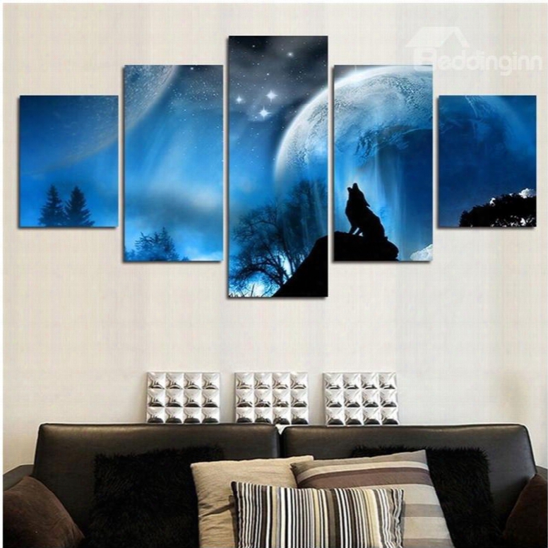 Blue Star Sky And Planet Hanging 5-piece Canvas Eco-friendly And Waterproof Non-framed Prints