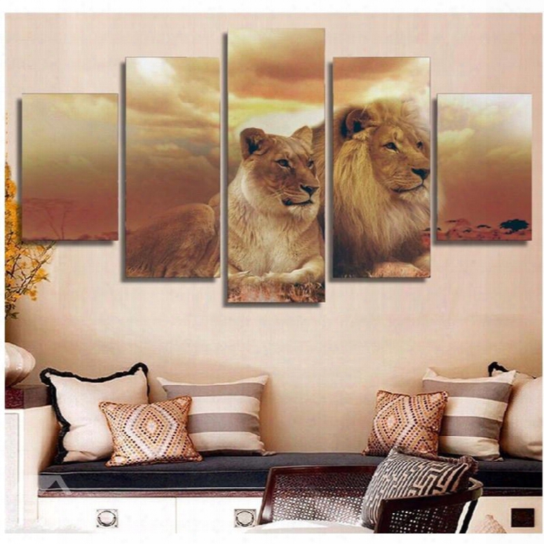 Brown Lions Hanging 5-piece Canvas Eco-friendly And Waterproof Non-framed Prints