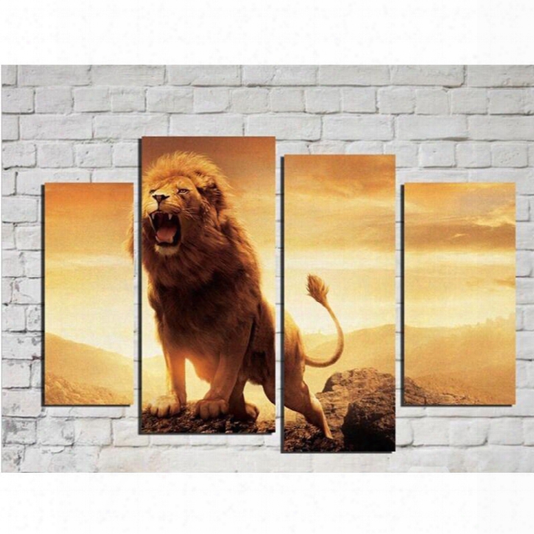Brown Roaring Lion Hanging 4-piece Canvas Waterproof And Eco-friendly Non-framed Prints