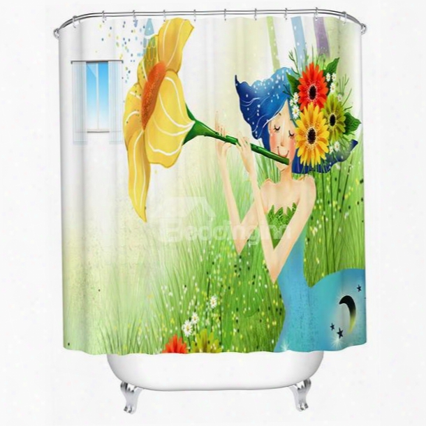 Cartoon Girl Playing The Trumpet Flower Print 3d Bathroom Shower Curtain