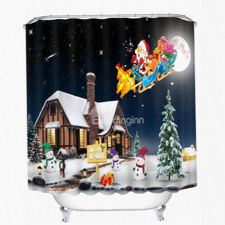 Cartoon Santa Riding Reindeer Toward Cabin Printing Christmas Theme 3d Shower Curtain