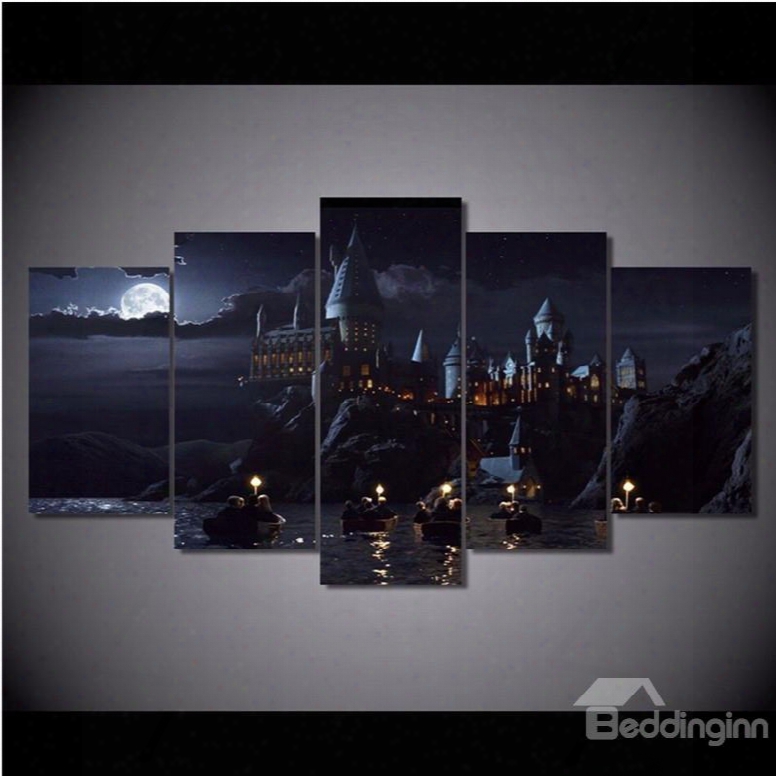 Castle Beside Lake And Moon Hanging 5-piece Canvas Eco-friendly And Waterproof Non-framed Prints