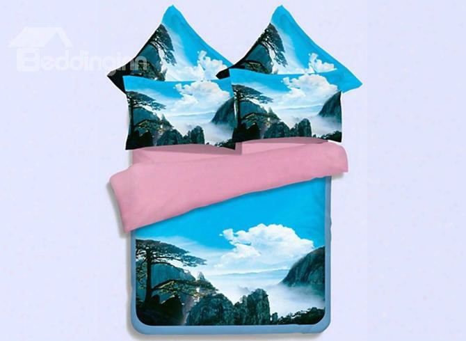 Charming Greeting Pine And Clouds Print 4-piece Polyester Duvet Cover Sets