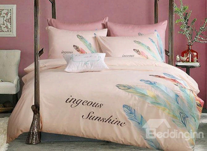 Chic Feather Print Pyre Cotton Peach 4-piece Bedding Sets