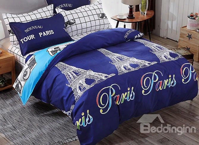 Classic Eiffel Tower Prints Polyester 4-piece Dark Blue Bedding Sets/duvet Cover