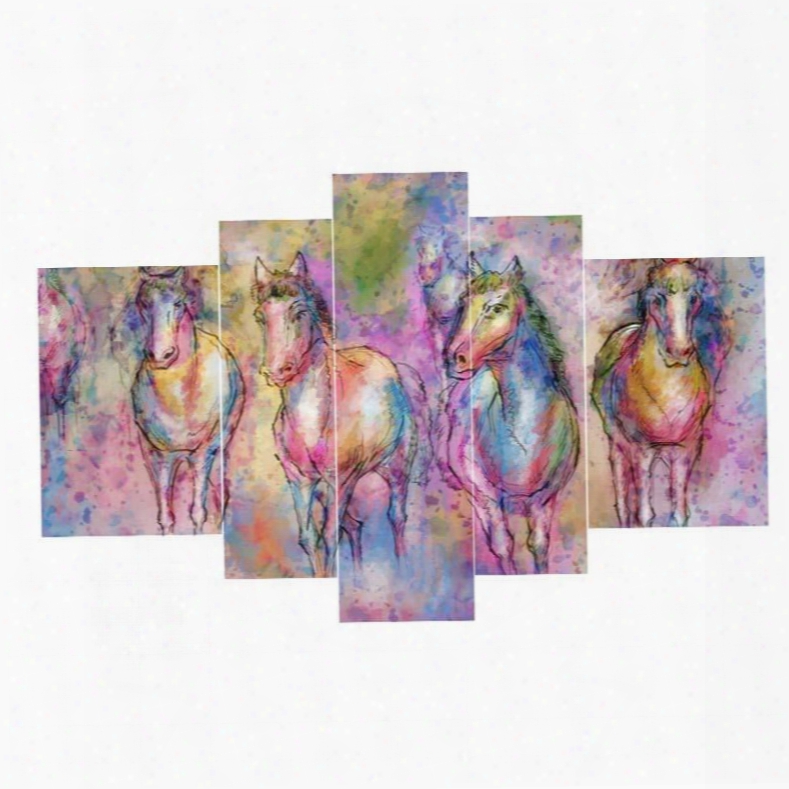Colorful Horses Hanging 5-piece Canvas Eco-friendly And Waterproof Non-framed Prints
