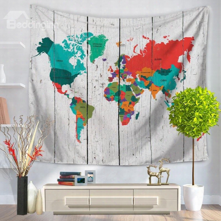 Colorful World Map Pattern Vintage Style Decorative Hanging Wall Tapestry