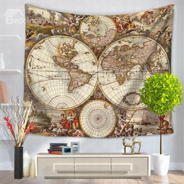 Columbus Voyages World Map Pattern Vintage Style Decorative Hanging Wall Tapestry