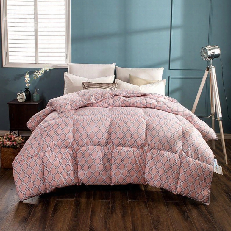 Compact White Grid Pattern Pink Feather Fabric Winter Quilt