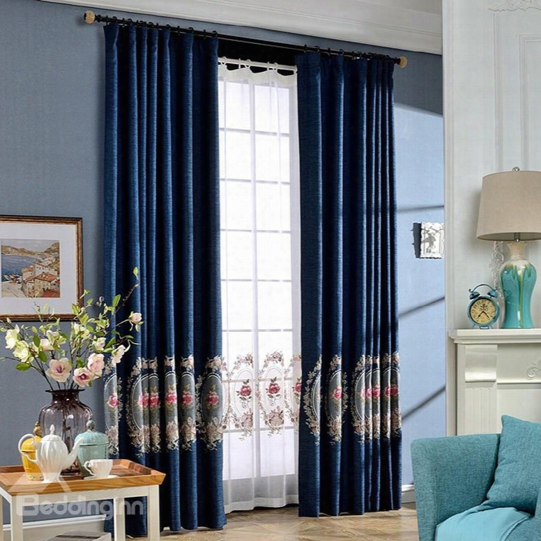 Country Style Embroidery Floral Cotton And Linen Blending Blackout Custom Curtain