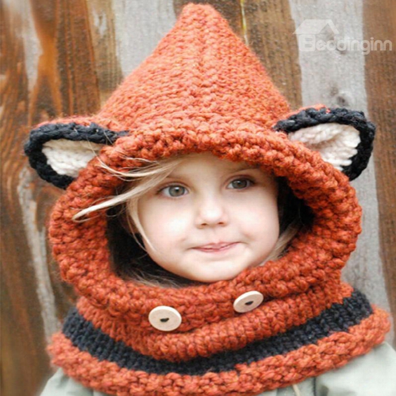 Cute Fox Ears Desing Kids Winter Crochet Knitted Hat And Scarves