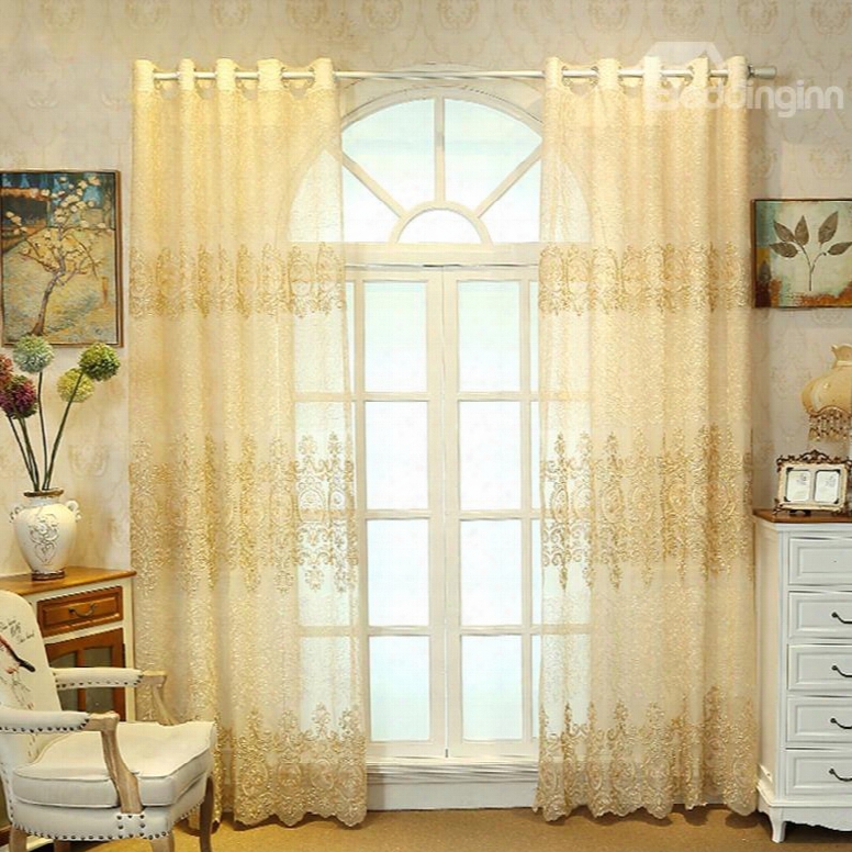 Decoration Polyester Artificial Embroidery European Style Beige Plants And Flowers Sheer Curtain