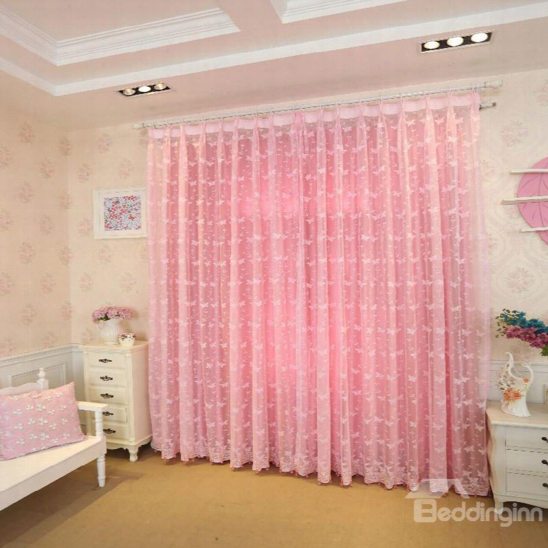Decoration Polyester Butterflies Pink Style Light Lining Sheeer Curtain Sets