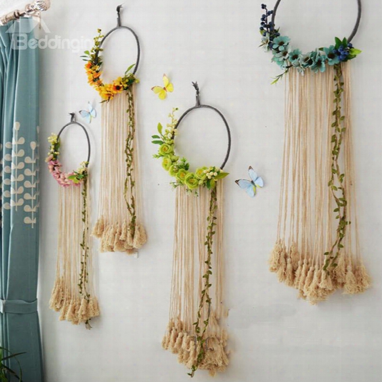 Decorative Cotton Thread Hand Knitting Flowers And Tassels Pastoral Style Home Decoration