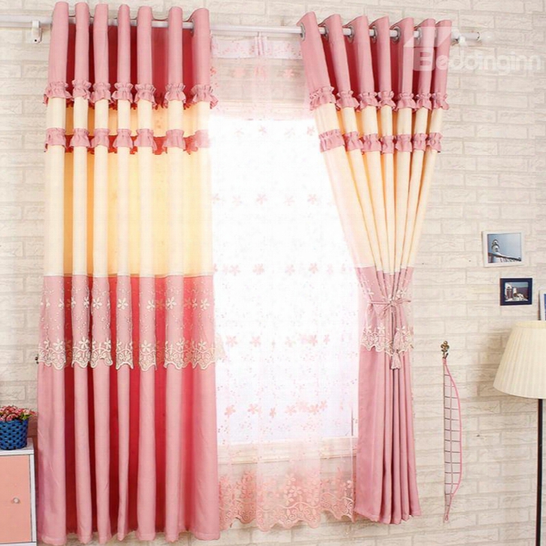Decorative Polyester Cotton Pink Color Lace Border Romantic Style Grommet Top Curtain