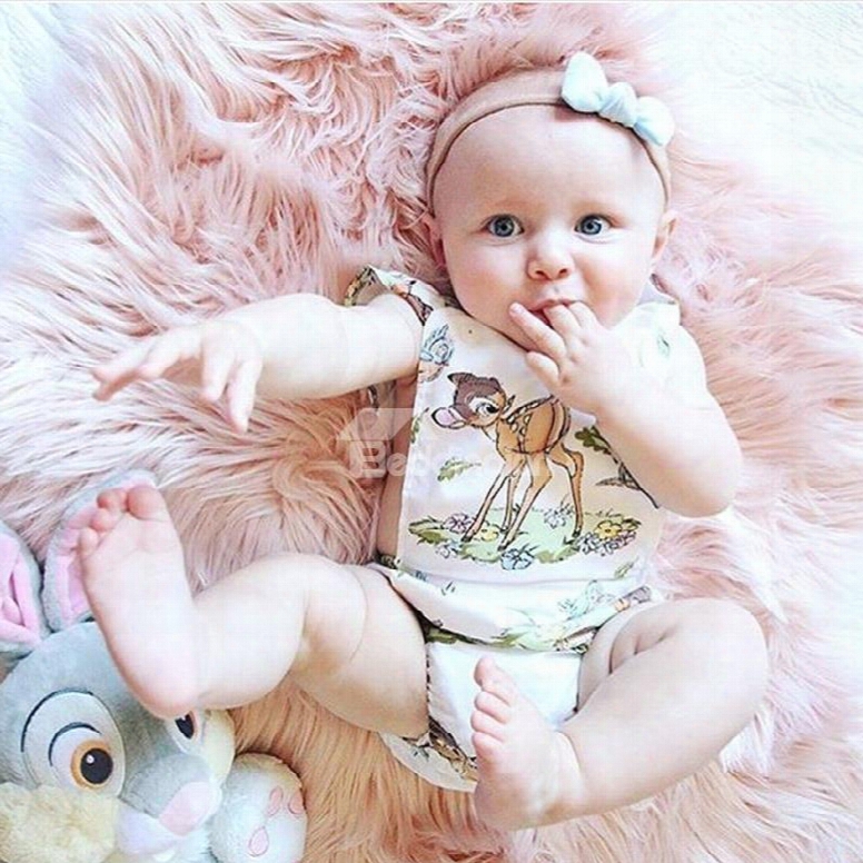 Deer Printed Cotton White 1-piece Sleeveles Bodysuit