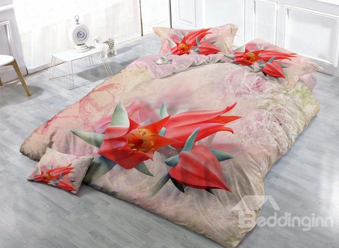 Elegant Red Epiphyllum Print Satin Drill 4-piece Duvet Cover Sets