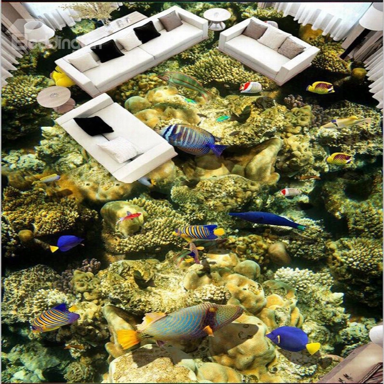 Exquisite Beautiful Fishes In The Corals Pattern Decorative Waterproof Splicing 3d Floor Murals