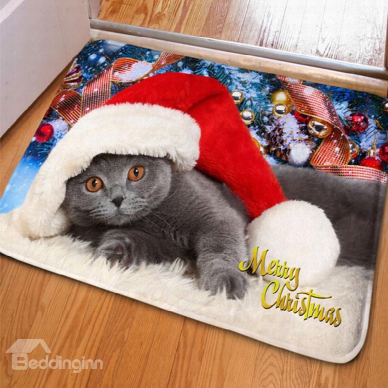 Fancy Rectangle Cute Cat With A Christmas Hat Print Home Decorative Doormat