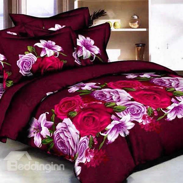 Fancy Red Ad Purple Roses Print Pure Cotton 3d Fitted Sheet