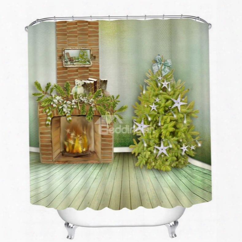 Fireplace And Christmas Tree Printing Christmas Theme 3d Shower Curtain