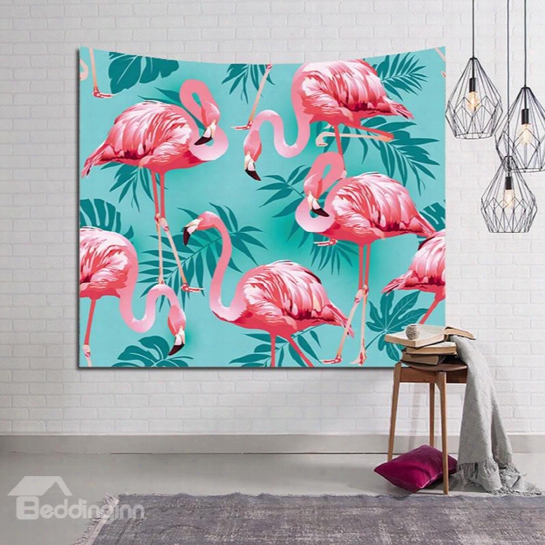 Flamingos Above Tropical Palm Leaves Decorative Hanging Wall Tapestry