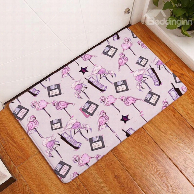 Flamingos And Bags Printed Flannel Pink Bath Rug/mat