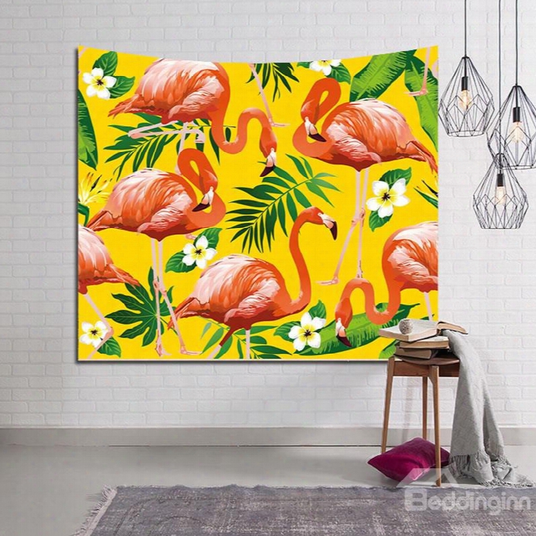 Flamingos And Tropical Leaves Yellow Decorative Hanging Wall Tapestry