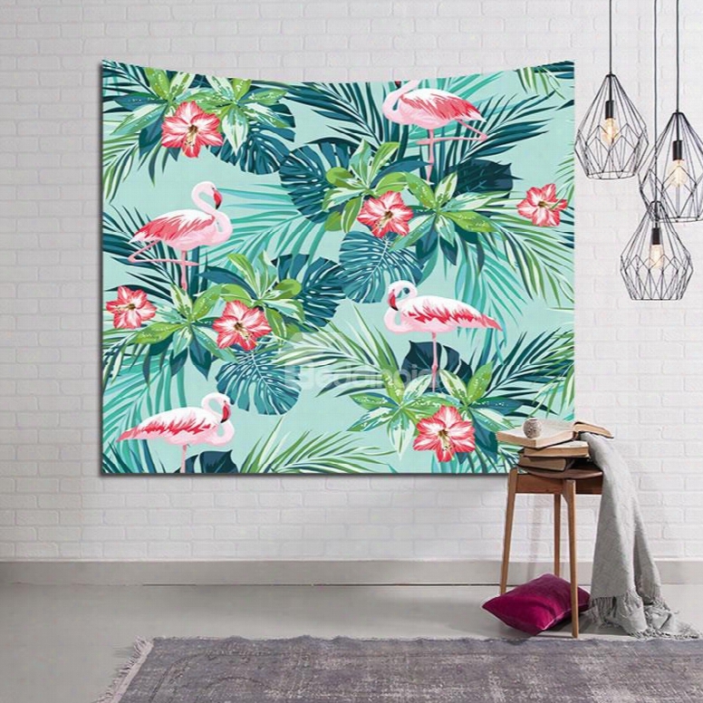 Flamingos And Tropical Plants Foliage Pattern Decorative Hanging Wall Tapestry