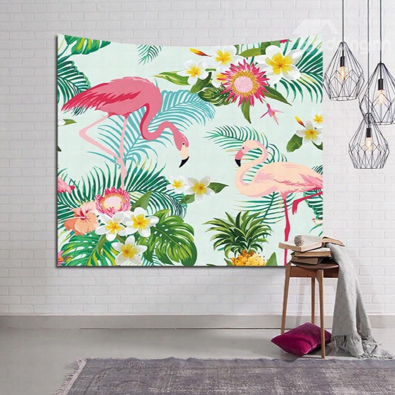 Flamingos In Love And Tropical Flowers Decorative Hanging Wall Tapestry