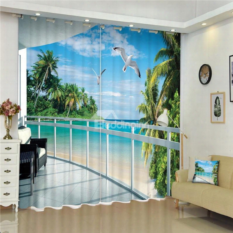 Flying Seagulls And Blue Water Thick Polyester Beach Scenery 2 Panels Bedroom 3d Curtain