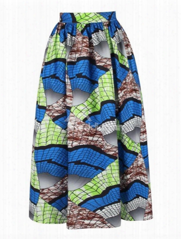 Folk-custom Style Formal High Quality Beach Blue Midi 3d Printing Skirt