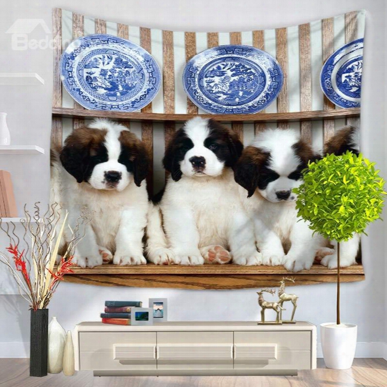 Four Cute Puppy Saint Bernard Dogs Pattern Decorative Hanging Wall Tapestry