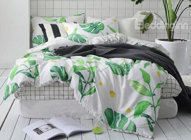 Full Size Tropical Green Leaves Printed Cotton 4-piece Bedding Sets/duvet Cover