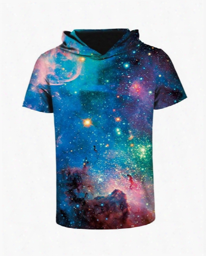 Galaxy Fashion Design Pattern 3d Printed Short Sleeve For Men Hooded T-shirt