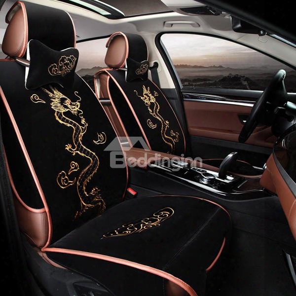 Gold Dragon With Clouds Embroidery Crafts Suede Universal Car Seat Cover