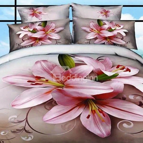 Graceful Pink Lilies Print Cotton 2-piece Pillow Cases