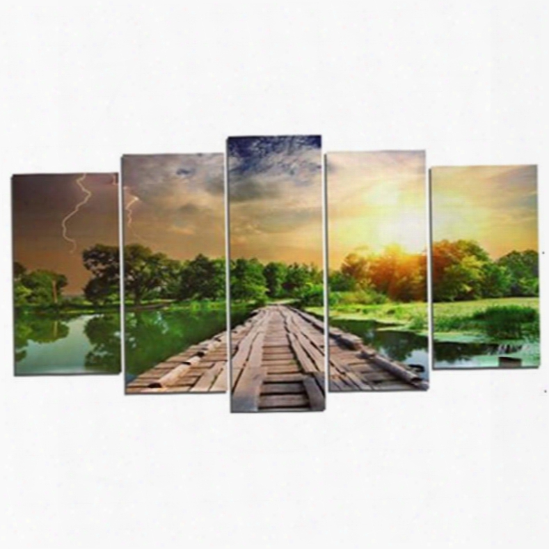 Green Forest River And Wooden Path Hanging 5-piece Canvas Eco-friendly Waterproof Non-framed Prints