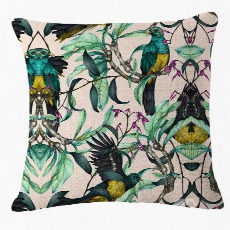 Hand-painted Tropical Birds And Foliage Plants Linen Throw Pillowcases