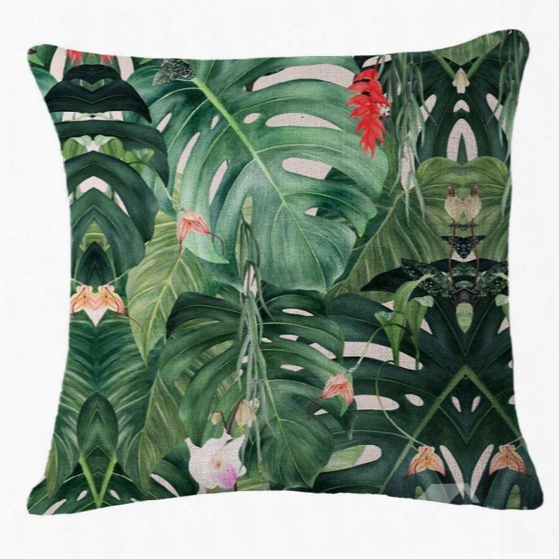 Hand-painted Tropical Leaves Foljage Design Linen Throw Pillow
