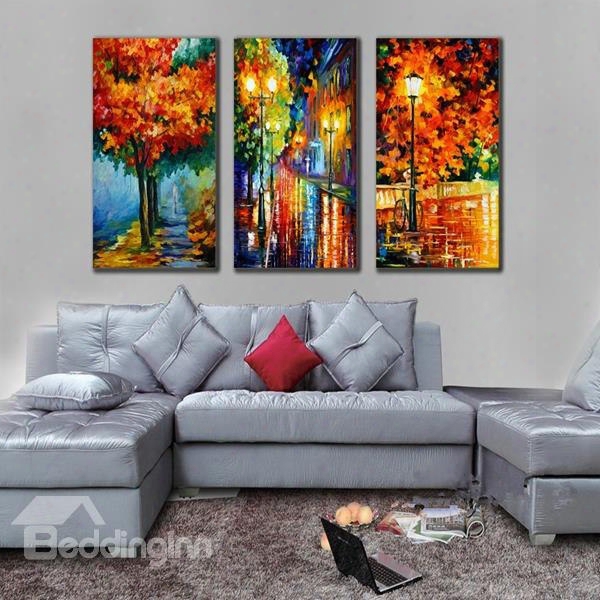 Handmade Colorful Autumn Scenery In The Rain 3 Pieces Canvas Stretched Framed Wall Art Prints
