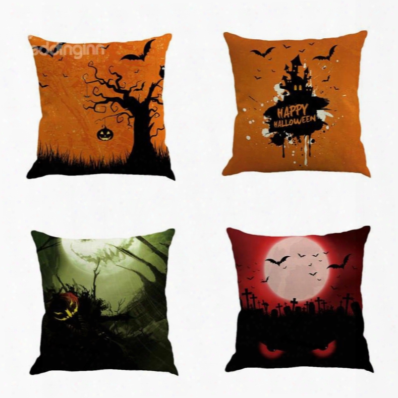 Happy Halloween Festival Pumpkin And Moon Bat Square Cotton Line Decorative Throw Pillow