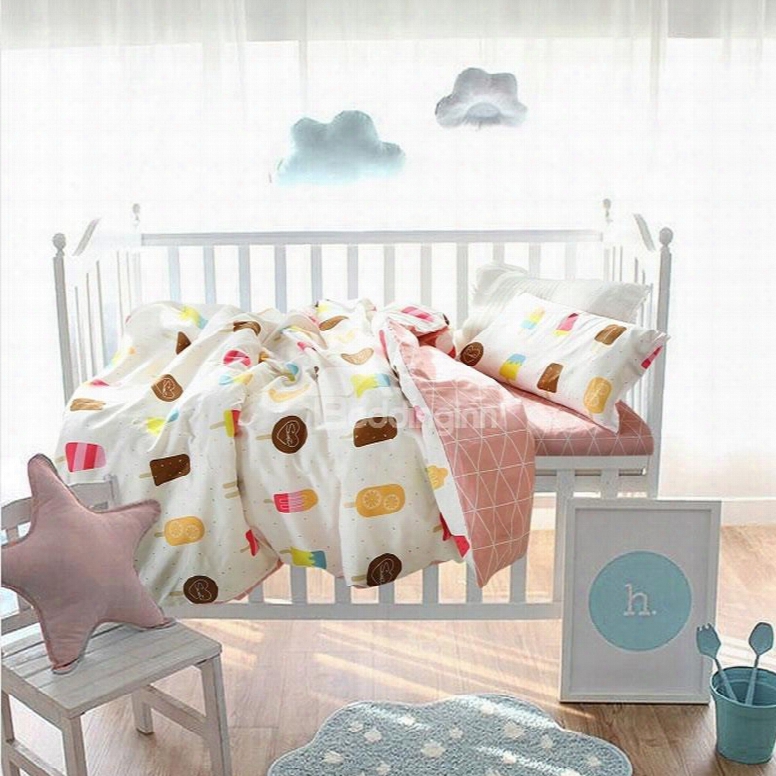 Ice Creams Printed Cotton White And Pink 3-piece Crib Bedding Sets