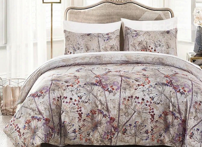 Ink And Wash Painting Flowers Printed Polyester 3-piece Bedding Sets/duvet Cover