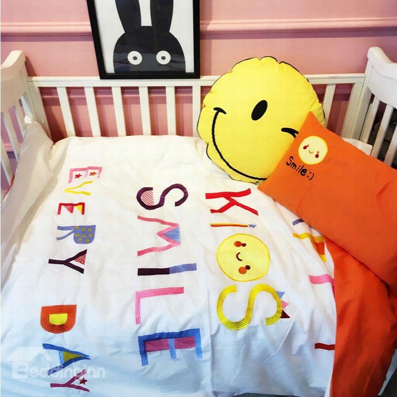 Letters Printed Cotton White And Orange 3-piece Crib Bedding Sets