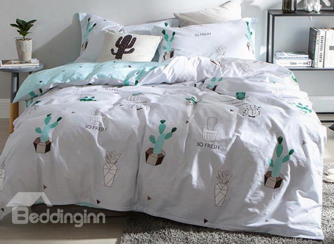 Light Green Cactus Fresh Style Cotton 4-piece Bedding Sets/duvet Cover