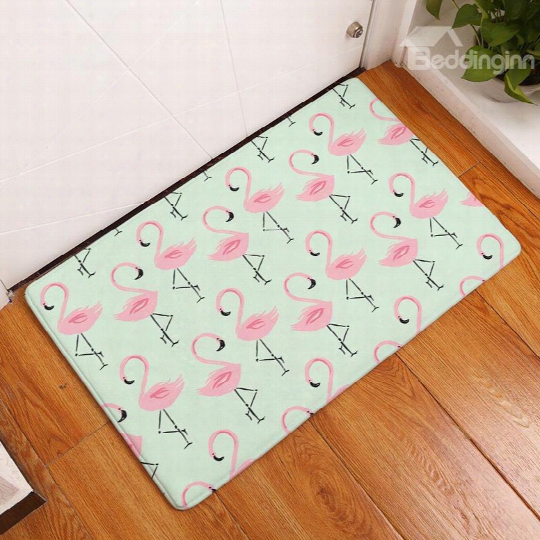 Little Flamingos Printed Flannel Green Bath Rug/mat